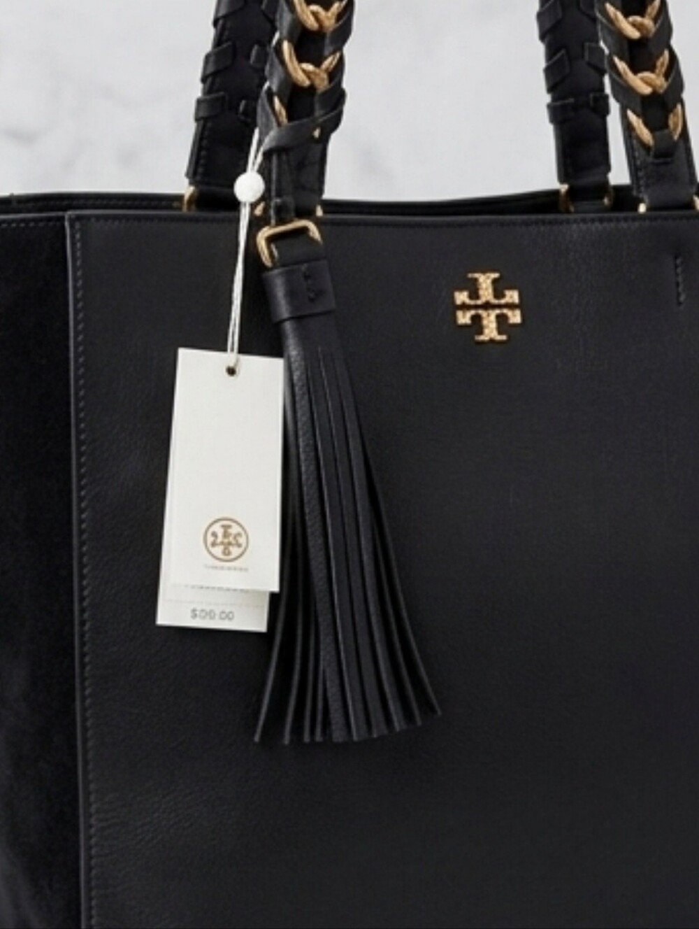 Tory Burch Black Leather and Suede Tote with Tassel - Picture 2 of 5